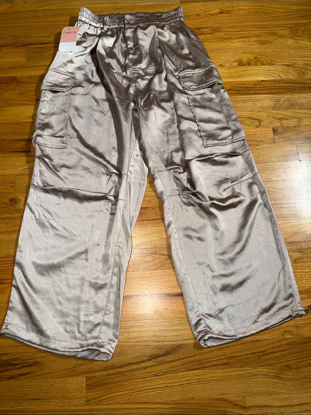 NWT Dress Up Hudson Gray Champagne Satin Cargo Pants Size L
